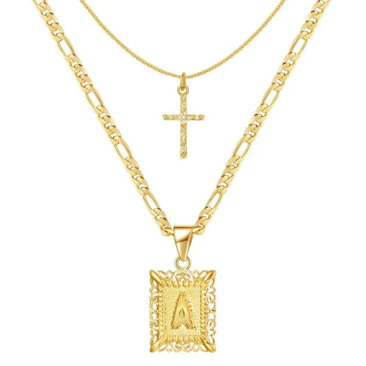 Cross Initial Necklace Set | Gold