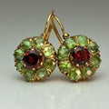 Vintage Rounded Green & Red Crystal Earrings | Gold
